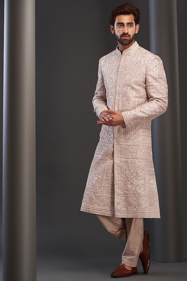 Rose Pink Silk Sherwani by GUJRALS